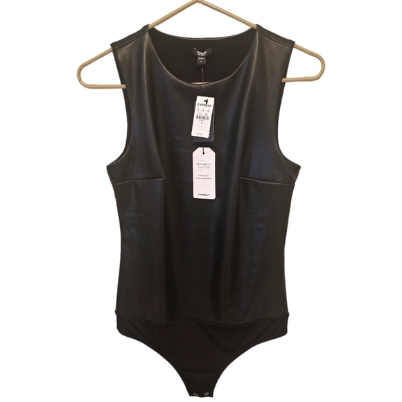 Express Bodycon Faux Leather High  Neck Bodysuit Black - Picture 7 of 12
